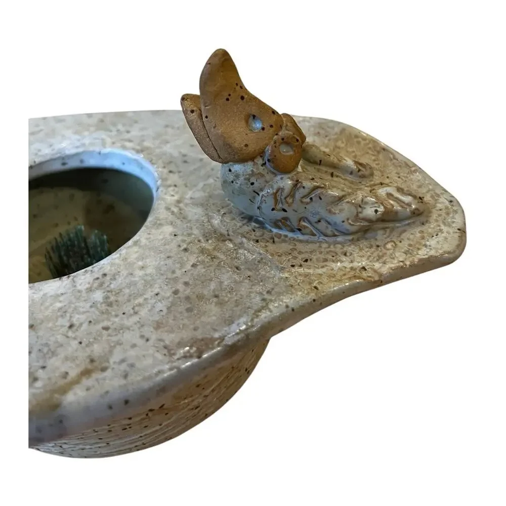 Ikebana Studio Art Pottery Flower Frog Applied Sculpted Bird Signed Lunt